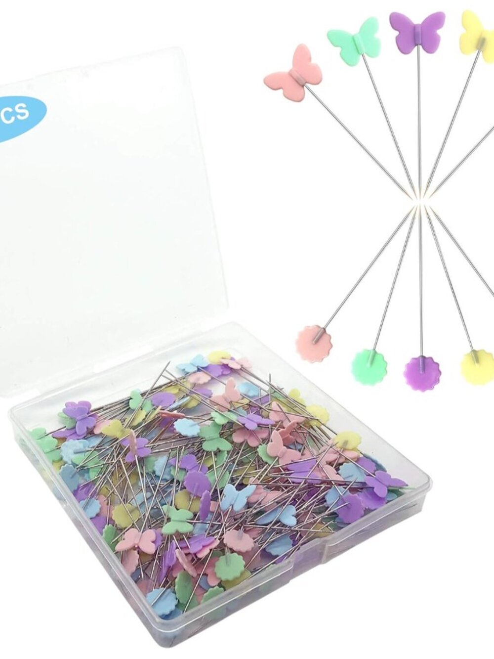 200pcs Sewing Pins Flat Head Straight Pins with Butterfly and Flower Colored Hea